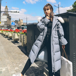 Fashion White Fur Collar Hooded Warm Coat Women X-long Jacket 2019 New Winter Loose Down Jacket Thick Coat Female Outerwear WM22