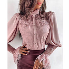 Load image into Gallery viewer, Women Lace Patchwork Flare Sleeve Buttoned Blouse Chic Elegant Spring Fall Office Stand Collar  Shirt Chiffon Solid Casual Tops