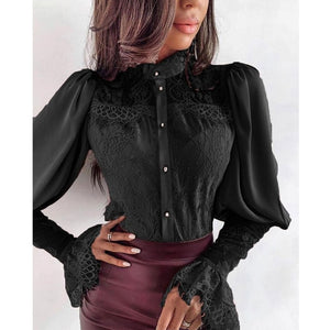 Women Lace Patchwork Flare Sleeve Buttoned Blouse Chic Elegant Spring Fall Office Stand Collar  Shirt Chiffon Solid Casual Tops