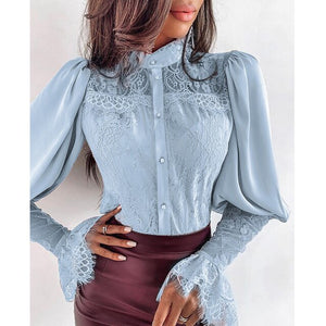 Women Lace Patchwork Flare Sleeve Buttoned Blouse Chic Elegant Spring Fall Office Stand Collar  Shirt Chiffon Solid Casual Tops