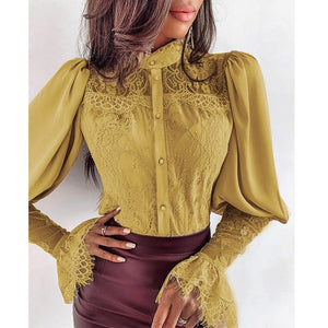 Women Lace Patchwork Flare Sleeve Buttoned Blouse Chic Elegant Spring Fall Office Stand Collar  Shirt Chiffon Solid Casual Tops