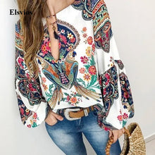 Load image into Gallery viewer, 5XL Women Lace-up Print Boho Blouse Elegant Vintage Lantern Long Sleeve Blouse Shirt Chic Spring Summer V-Neck Button Blusa Tops