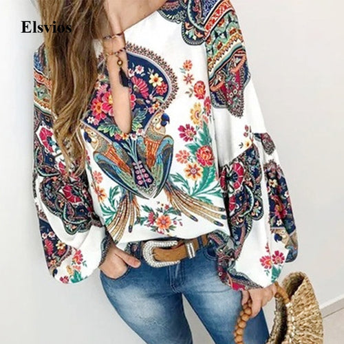 5XL Women Lace-up Print Boho Blouse Elegant Vintage Lantern Long Sleeve Blouse Shirt Chic Spring Summer V-Neck Button Blusa Tops