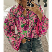 Load image into Gallery viewer, 5XL Women Lace-up Print Boho Blouse Elegant Vintage Lantern Long Sleeve Blouse Shirt Chic Spring Summer V-Neck Button Blusa Tops