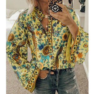 5XL Women Lace-up Print Boho Blouse Elegant Vintage Lantern Long Sleeve Blouse Shirt Chic Spring Summer V-Neck Button Blusa Tops