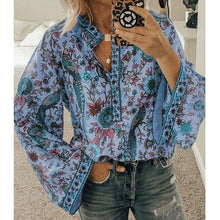 Load image into Gallery viewer, 5XL Women Lace-up Print Boho Blouse Elegant Vintage Lantern Long Sleeve Blouse Shirt Chic Spring Summer V-Neck Button Blusa Tops