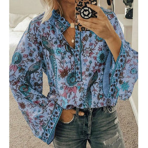 5XL Women Lace-up Print Boho Blouse Elegant Vintage Lantern Long Sleeve Blouse Shirt Chic Spring Summer V-Neck Button Blusa Tops