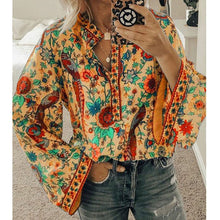 Load image into Gallery viewer, 5XL Women Lace-up Print Boho Blouse Elegant Vintage Lantern Long Sleeve Blouse Shirt Chic Spring Summer V-Neck Button Blusa Tops