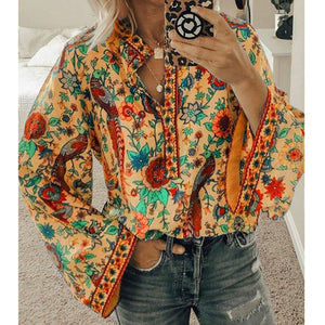 5XL Women Lace-up Print Boho Blouse Elegant Vintage Lantern Long Sleeve Blouse Shirt Chic Spring Summer V-Neck Button Blusa Tops