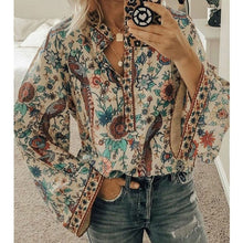 Load image into Gallery viewer, 5XL Women Lace-up Print Boho Blouse Elegant Vintage Lantern Long Sleeve Blouse Shirt Chic Spring Summer V-Neck Button Blusa Tops