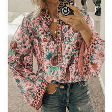 Load image into Gallery viewer, 5XL Women Lace-up Print Boho Blouse Elegant Vintage Lantern Long Sleeve Blouse Shirt Chic Spring Summer V-Neck Button Blusa Tops