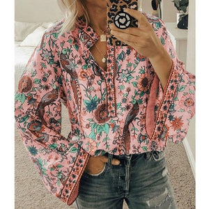 5XL Women Lace-up Print Boho Blouse Elegant Vintage Lantern Long Sleeve Blouse Shirt Chic Spring Summer V-Neck Button Blusa Tops