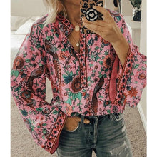 Load image into Gallery viewer, 5XL Women Lace-up Print Boho Blouse Elegant Vintage Lantern Long Sleeve Blouse Shirt Chic Spring Summer V-Neck Button Blusa Tops