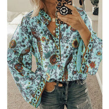 Load image into Gallery viewer, 5XL Women Lace-up Print Boho Blouse Elegant Vintage Lantern Long Sleeve Blouse Shirt Chic Spring Summer V-Neck Button Blusa Tops