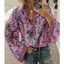 Load image into Gallery viewer, 5XL Women Lace-up Print Boho Blouse Elegant Vintage Lantern Long Sleeve Blouse Shirt Chic Spring Summer V-Neck Button Blusa Tops