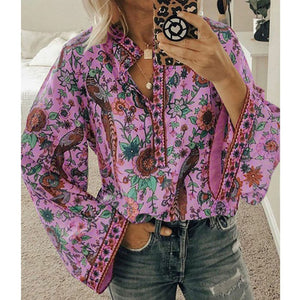 5XL Women Lace-up Print Boho Blouse Elegant Vintage Lantern Long Sleeve Blouse Shirt Chic Spring Summer V-Neck Button Blusa Tops