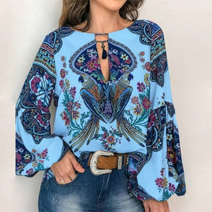 5XL Women Lace-up Print Boho Blouse Elegant Vintage Lantern Long Sleeve Blouse Shirt Chic Spring Summer V-Neck Button Blusa Tops