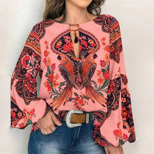 Load image into Gallery viewer, 5XL Women Lace-up Print Boho Blouse Elegant Vintage Lantern Long Sleeve Blouse Shirt Chic Spring Summer V-Neck Button Blusa Tops