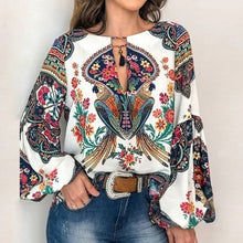 Load image into Gallery viewer, 5XL Women Lace-up Print Boho Blouse Elegant Vintage Lantern Long Sleeve Blouse Shirt Chic Spring Summer V-Neck Button Blusa Tops