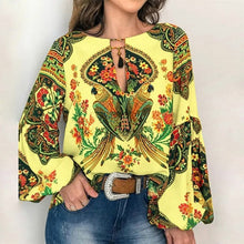 Load image into Gallery viewer, 5XL Women Lace-up Print Boho Blouse Elegant Vintage Lantern Long Sleeve Blouse Shirt Chic Spring Summer V-Neck Button Blusa Tops