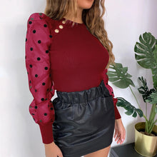 Load image into Gallery viewer, Lady Embroidery Lantern Sheer Mesh Sleeve Blouse shirts Women Autumn Polka Dot Print Blusa pullovers Elegant see through  tops