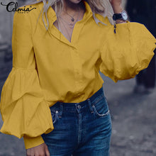Load image into Gallery viewer, Top Fashion 2019 Celmia Women Long Puff Sleeve Blouses Shirts Lapel Buttons Casual Loose Solid Party Tops Work Blusas Plus Size