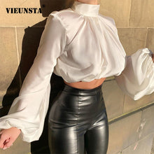 Load image into Gallery viewer, Spring Lantern Long Sleeve Blouse Autumn Turtleneck Satin Silk Women Shirt Boho Hollow Out Backless Bow Womens Tops and Blouses