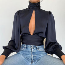 Load image into Gallery viewer, Spring Lantern Long Sleeve Blouse Autumn Turtleneck Satin Silk Women Shirt Boho Hollow Out Backless Bow Womens Tops and Blouses