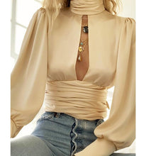 Load image into Gallery viewer, Spring Lantern Long Sleeve Blouse Autumn Turtleneck Satin Silk Women Shirt Boho Hollow Out Backless Bow Womens Tops and Blouses