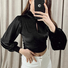Load image into Gallery viewer, Spring Lantern Long Sleeve Blouse Autumn Turtleneck Satin Silk Women Shirt Boho Hollow Out Backless Bow Womens Tops and Blouses