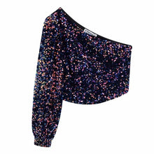 Load image into Gallery viewer, New 2020 women sexy one shoulder asymmetric sequins blouse shirt women high street side zipper chic blusas femininas tops LS6081
