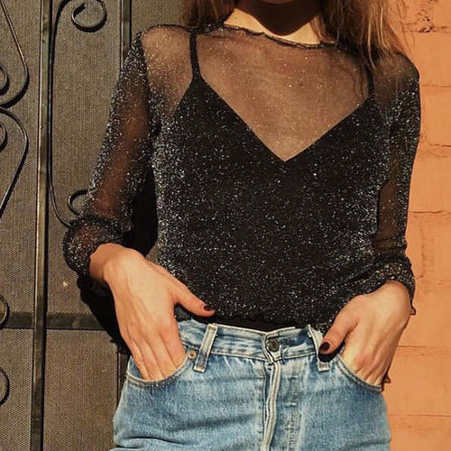 Sexy Women Blouses Glitter Sheer Mesh Top Long-Sleeve Casual Perspective Hollow Out Tee Shine Basic Chiffon shirt LB