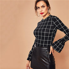 Load image into Gallery viewer, SHEIN Black Elegant Workwear Plaid Ruffle Cuff Bell Sleeve Stand Collar Grid Blouse Autumn Office Lady Women Tops And Blouses