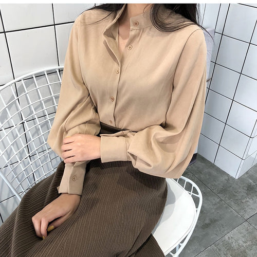 2018 new spring women chic vintage stand collar blouse elegant solid color lantern sleeve top female casual work shirts tops