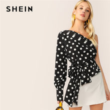 Load image into Gallery viewer, SHEIN Sexy Layered Foldover Skew Neck Collar Belted Blouse Women Spring Highstreet Bishop Sleeve Polka Dot Print Ladies Tops