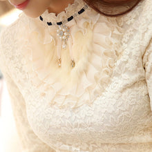 Load image into Gallery viewer, 2019 new ruffle pearl women blouse lace white office lady shirts long-sleeved elegant solid slim sexy bottoming shirts tops