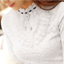 Load image into Gallery viewer, 2019 new ruffle pearl women blouse lace white office lady shirts long-sleeved elegant solid slim sexy bottoming shirts tops