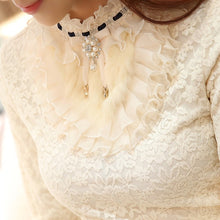 Load image into Gallery viewer, 2019 new ruffle pearl women blouse lace white office lady shirts long-sleeved elegant solid slim sexy bottoming shirts tops