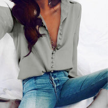 Load image into Gallery viewer, CROPKOP Fashion Casual Solid Color ladies office Tops Sexy Buttons Long sleeve Blouse 2019 new Spring Women Chiffon white Shirt