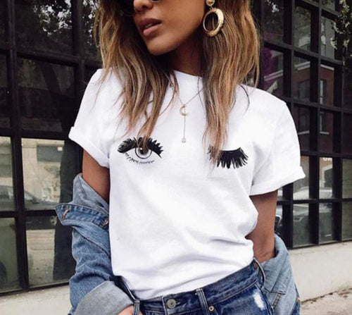 Cartoon women 2019 eyes summer casual short-sleeved T-shirt white blinking print cute Harajuku large size  XS-4XL T shirt